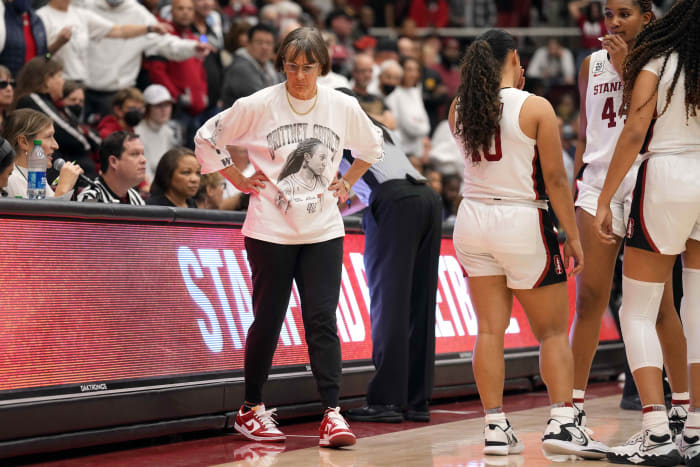 Nov 20, 2022; Stanford, California, USA; Stanford Cardinal head coach Tara VanDerveer reacts after an illegal time out was called against the South Carolina Gamecocks during overtime at Maples Pavilion. Mandatory Credit: Darren Yamashita-USA TODAY Sports